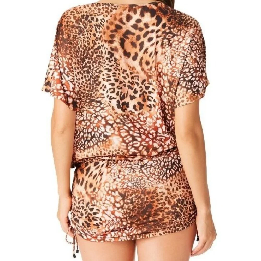 Bar III L Glam Cheetah Adjustable Side Cover-Up Caftan Swimwear Sheer Dress